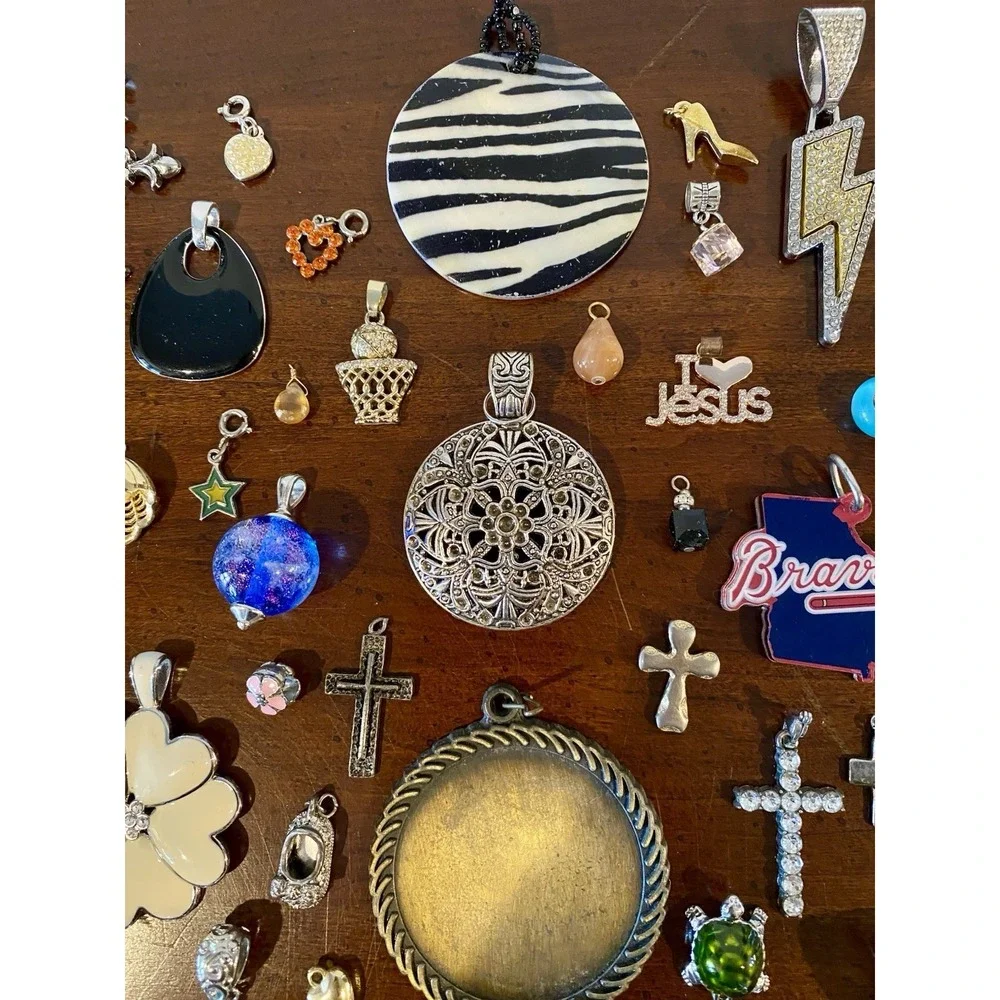 VTG To Modern Pendant Charm Lot - Flower Moon Heart Cross Enamel Rhinestones